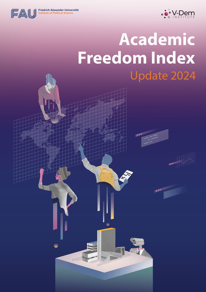 The image shows the Academic Freedom Index Update 2024 cover. It shows students and reseachers looking at a world map.