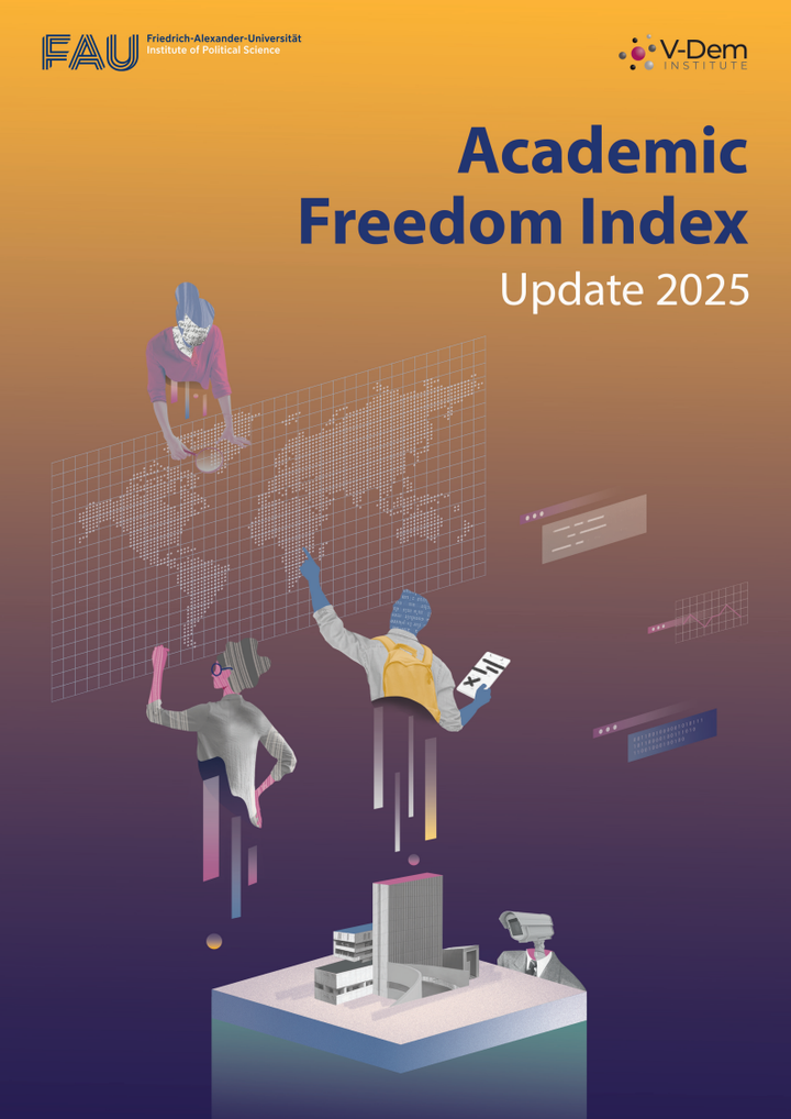 The image shows the Academic Freedom Index Update 2025 cover. It shows students and reseachers looking at a world map.