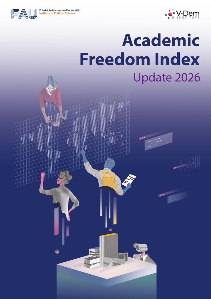 The image shows the Academic Freedom Index Update 2026 cover. It shows students and reseachers looking at a world map.